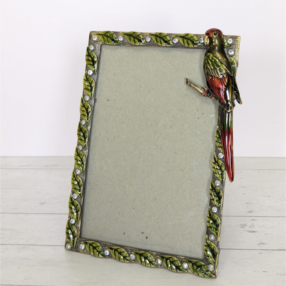 Jeweled Enamel Parrot Picture Frame Rhinestone Tropical Bird Leaves 4x6 Photo
